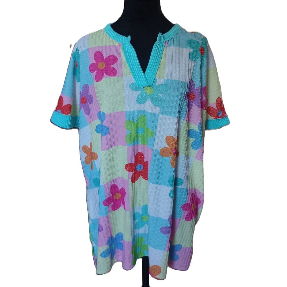 Heimish U.S A. Women's L Waffle Knit Pastel Checkered Daisy Short Sleeve Top